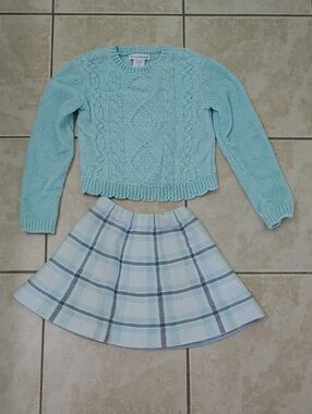 Tommy Bahama Cable Knit Sweater Aqua Blue Plaid Skirt Outfit Girl's Size 5/6